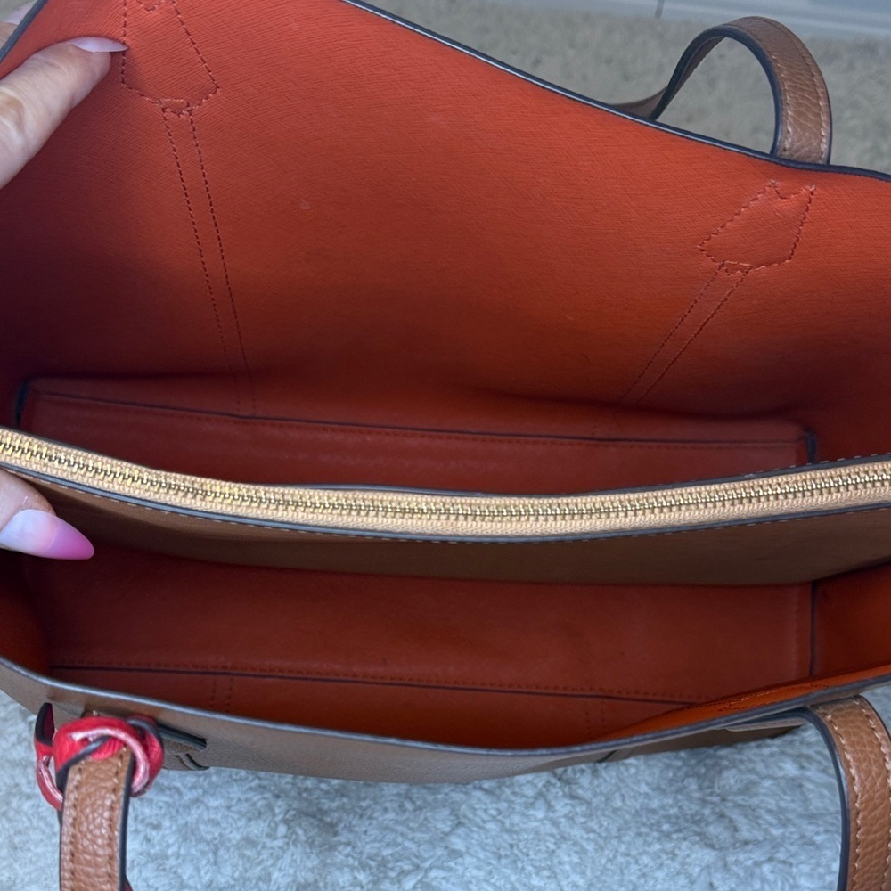Tory Burch Perry Triple Compartment Tan Leather Tote with Red Accent - Picture 13 of 16